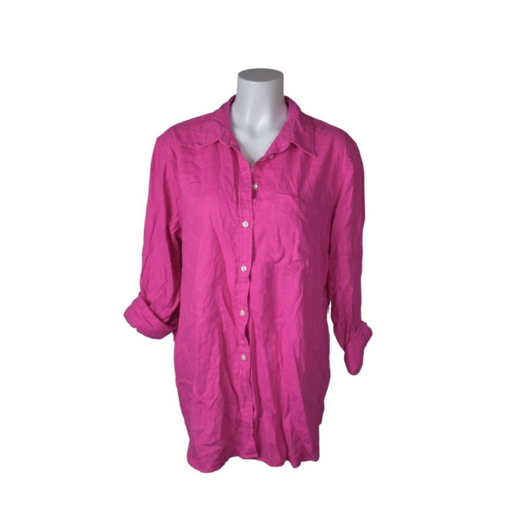 Gap Loose Fit Linen Blend Button Up Shirt Hot Pink Breezy Spring Summer Large